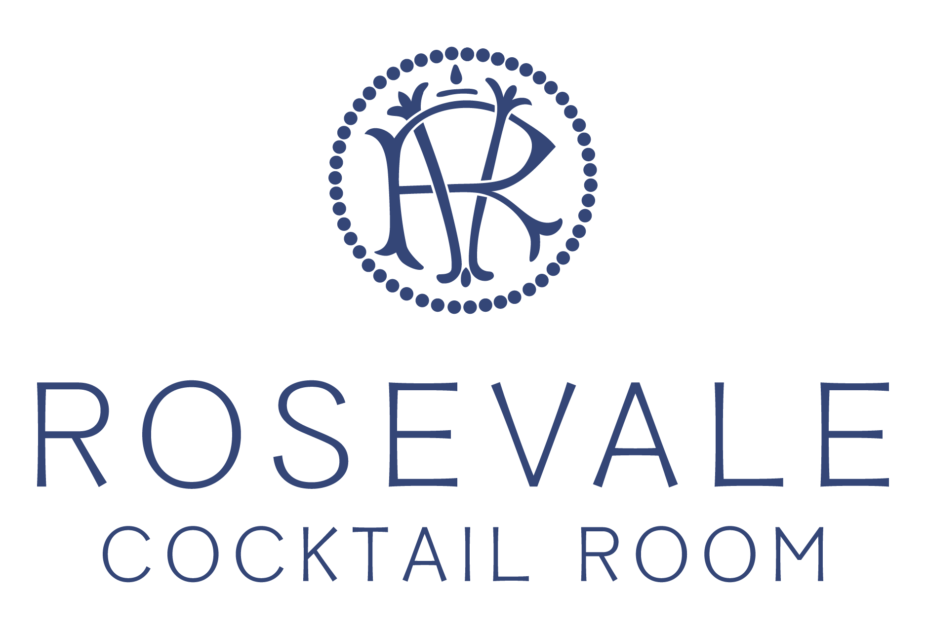 Rosevale Cocktail Room logo featuring a decorative circular monogram with the initials “R” and “V” above the name in elegant serif lettering.