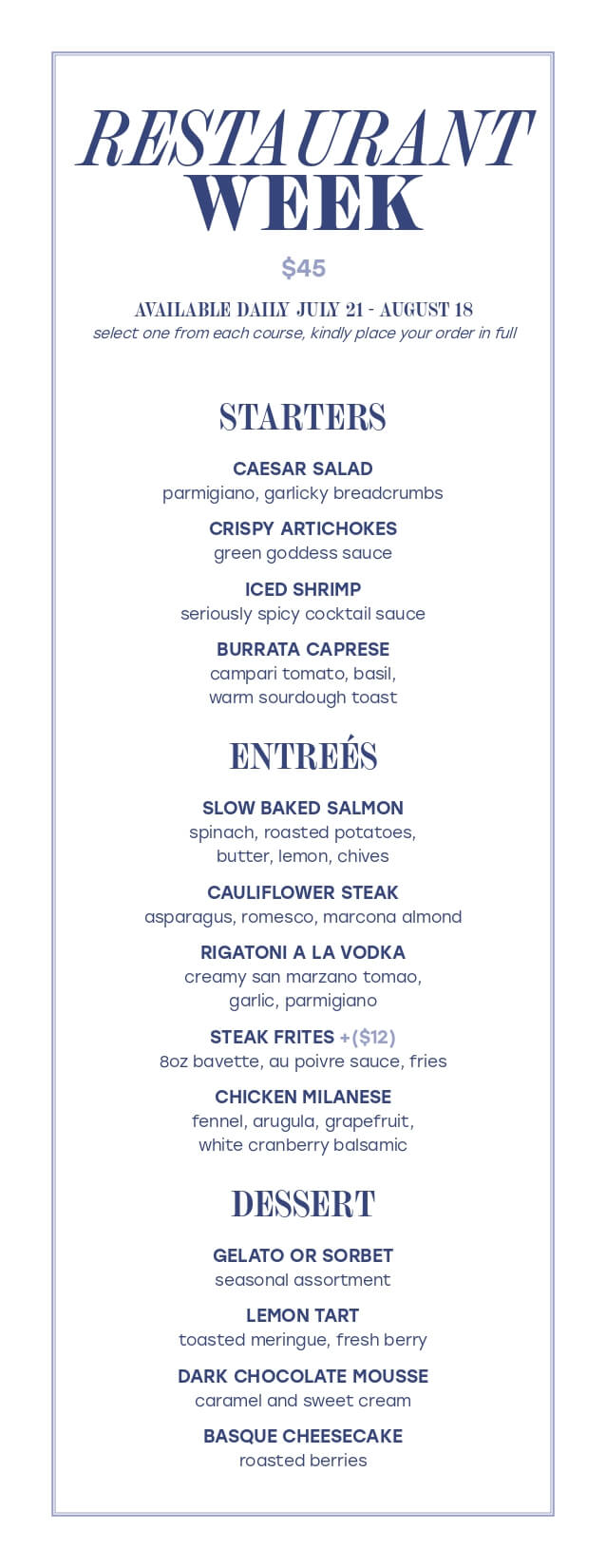 Restaurant Week menu listing three-course meal options including starters, entrées, and desserts, available July 21 to August 18 for $45.