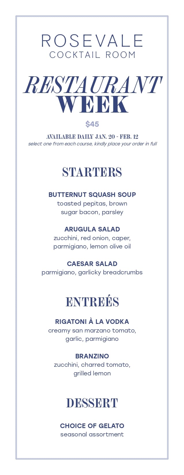 Rosevale Cocktail Room Restaurant Week prix fixe menu with starters, entrées, and dessert