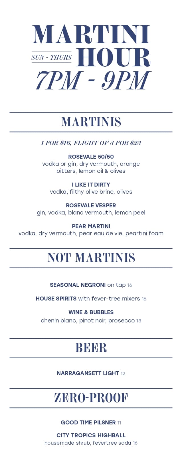 Martini hour menu listing cocktails, pricing, and drink options from 7 PM to 9 PM Sunday through Thursday
