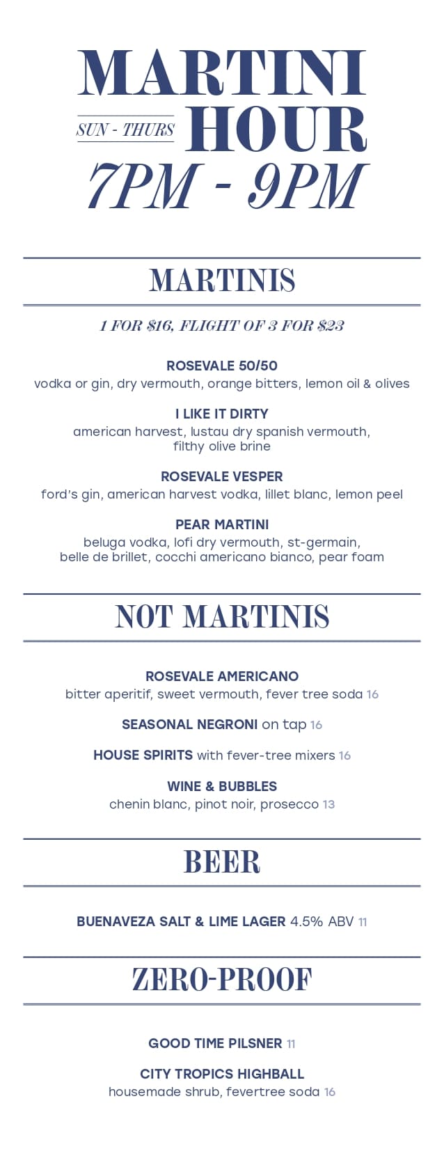 Martini Hour menu featuring cocktail selections, pricing, beer, and zero-proof drinks available Sunday through Thursday from 7 PM to 9 PM